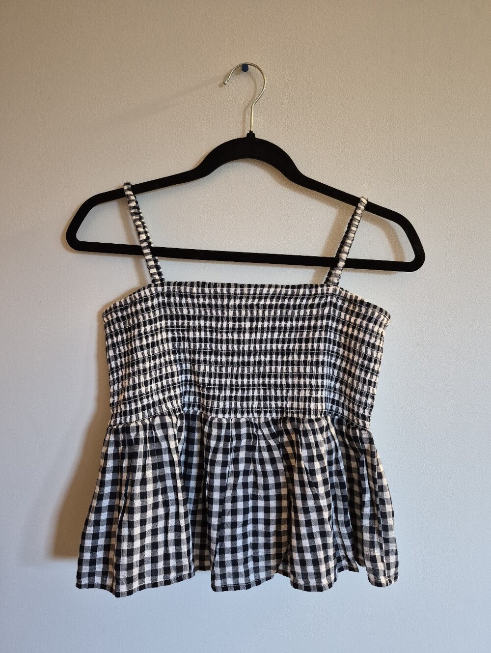 NWT American Eagle Navy Blue White Gingham Smocked Peplum Tank Top Size Medium